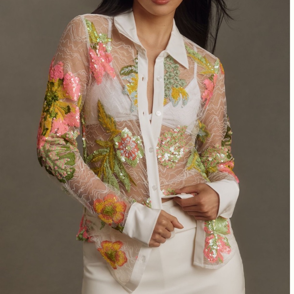 Anthropologie Le Superbe tropical lace blouse sz 2